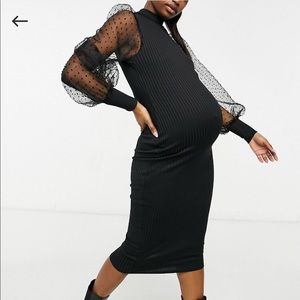 ASOS maternity organza spot rib high neck midi dress black